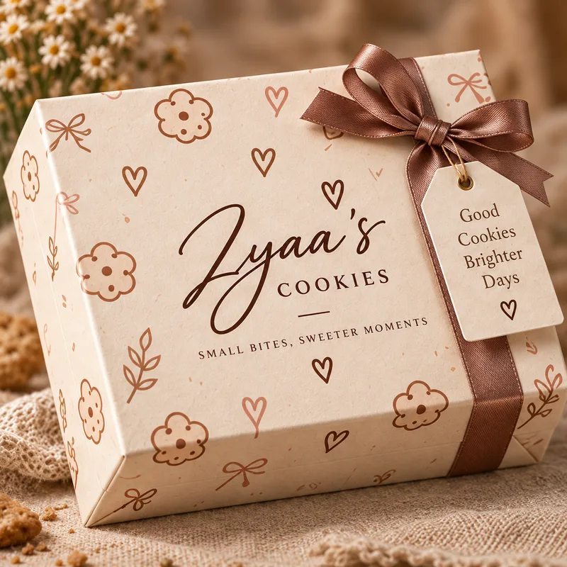 Kotak Zyaa’s Cookies dengan pola cookies dan pita satin