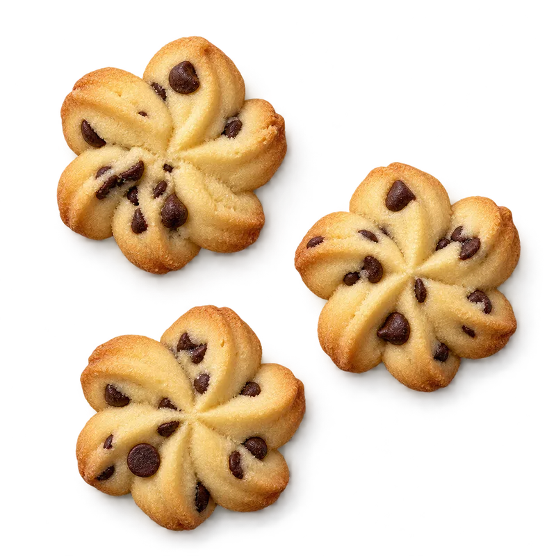 Tiga butter cookies berbentuk bunga dengan chocolate chips